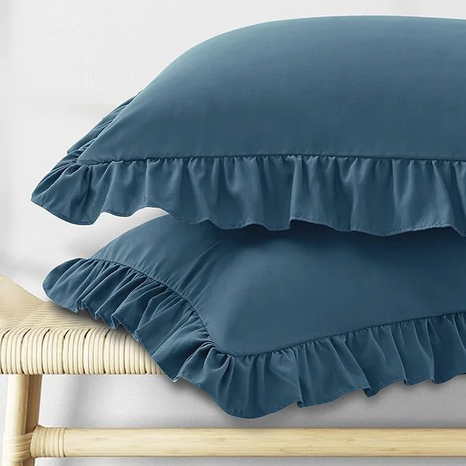 Exclusive KKJIAF Ruffle Pillow Cases Standard Size Set of 2 Ruffled Pillow Covers with Envelope Closure Wrinkle Resistant Ruffled Pillow Shams 20 quot x 26 quot Dark Blue Genuine