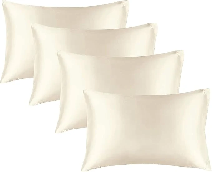 Reusable BEDELITE Satin Pillowcase for Hair and Skin Super Soft Similar to Silk Pillow Cases 4 Pack with Envelope Closure Cooling Pillowcases for Women Men 20 quot x26 quot Standard Size Beige Eco-Friendly