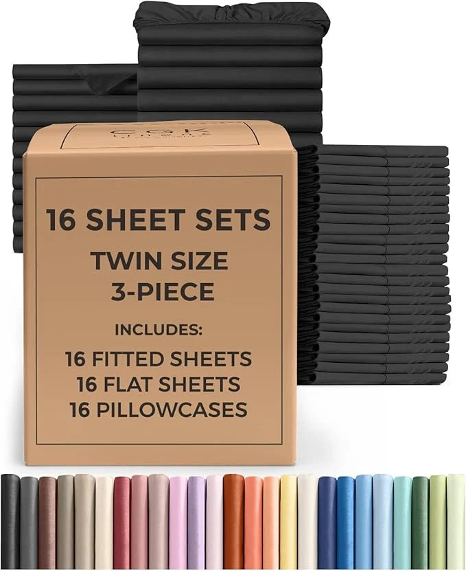 Outstanding Bulk Case Pack of 16 Sheet Sets – 16 Complete Twin Size Sheet Sets with Deep Pockets – Whole Bulk Bedding for Hotels Spas amp Airbnbs – Breathable Cooling Soft amp Wrinkle – Twin Black Top-Quality