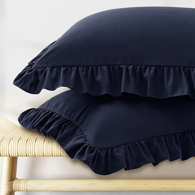 Contemporary KKJIAF Ruffle Pillow Cases Standard Size Set of 2 Ruffled Pillow Covers with Envelope Closure Wrinkle Resistant Ruffled Pillow Shams 20 quot x 26 quot Navy Blue Detailed
