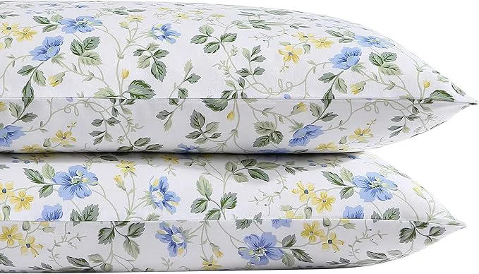 Solid Laura Ashley Home – Standard Pillowcase Set Cotton Sateen Bedding Smooth amp Wrinkle-Resistant Meadow Floral Blue Yellow 2 Piece Pure