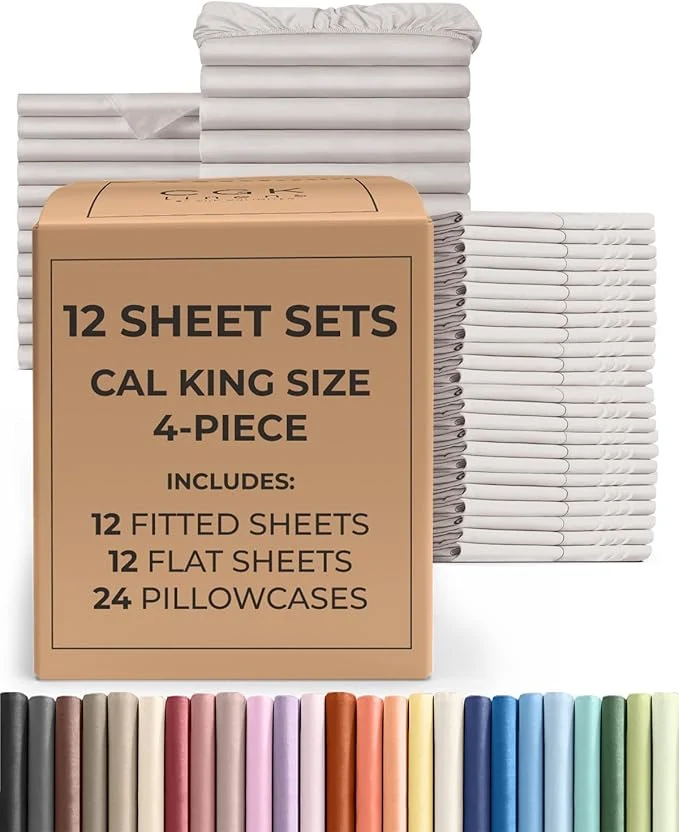 Stylish Bulk Case Pack of 12 Sheet Sets – 12 Complete Sheet Sets – Bulk Cal King Bedding – Whole Case Pack for Hotels amp Airbnbs – Deep Pocket amp Wrinkle – Cooling amp Breathable – Cal King Light Grey Premium