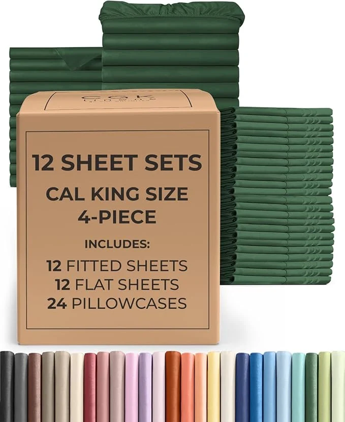 World-Class Bulk Case Pack of 12 Sheet Sets – 12 Complete Cal King Size Sheet Sets w Deep Pockets – Whole Bulk Bedding for Hotels Spas amp Airbnbs – Breathable and Wrinkle – Cal King Emerald Green Smooth