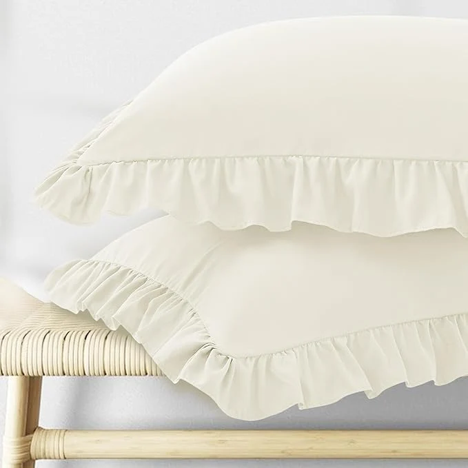 Breathable KKJIAF Ruffle Pillow Cases Queen Size Set of 2 Ruffled Pillow Covers with Envelope Closure Wrinkle Resistant Ruffled Pillow Shams 20 quot x 30 quot Beige Excellent