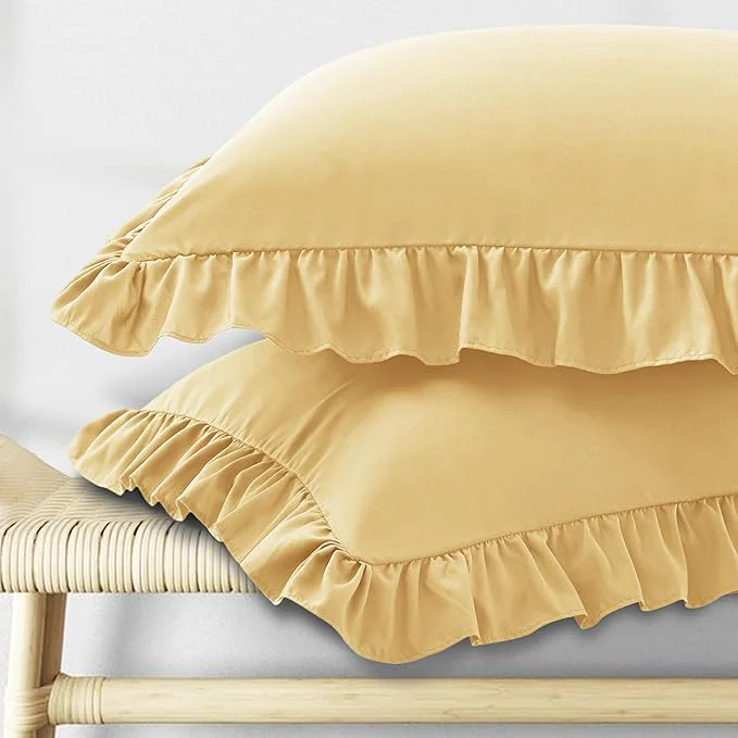 Reliable KKJIAF Ruffle Pillow Cases Queen Size Set of 2 Ruffled Pillow Covers with Envelope Closure Wrinkle Resistant Ruffled Pillow Shams 20 quot x 30 quot Gold Selected