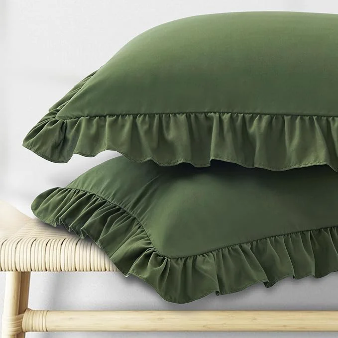 Next-Generation KKJIAF Ruffle Pillow Cases Queen Size Set of 2 Ruffled Pillow Covers with Envelope Closure Wrinkle Resistant Pillowcases 20 quot x 30 quot Ruffled Pillow Shams Olive Green Practical