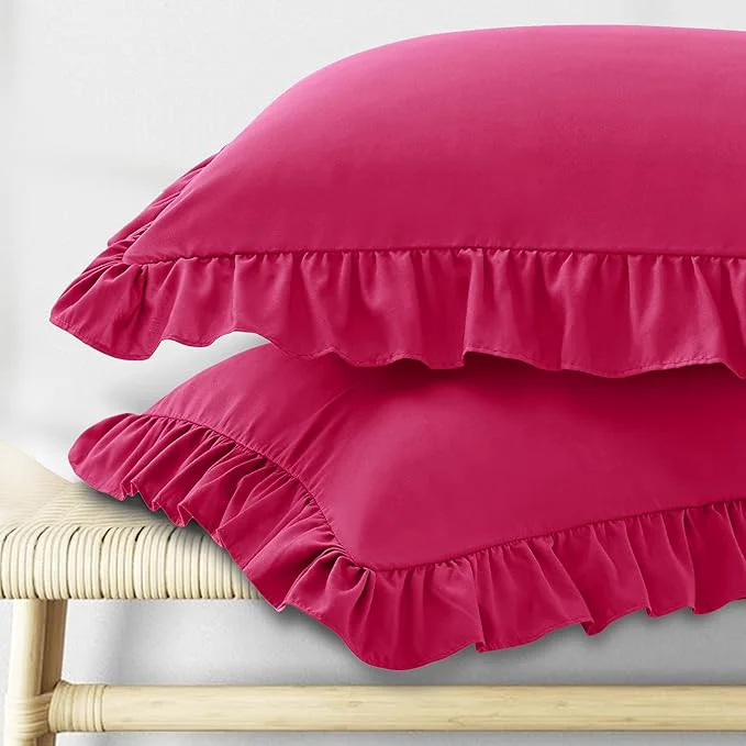 Top-Quality KKJIAF Ruffle Pillow Cases Queen Size Set of 2 Ruffled Pillow Covers with Envelope Closure Wrinkle Resistant Ruffled Pillow Shams 20 quot x 30 quot Hot Pink Crafted