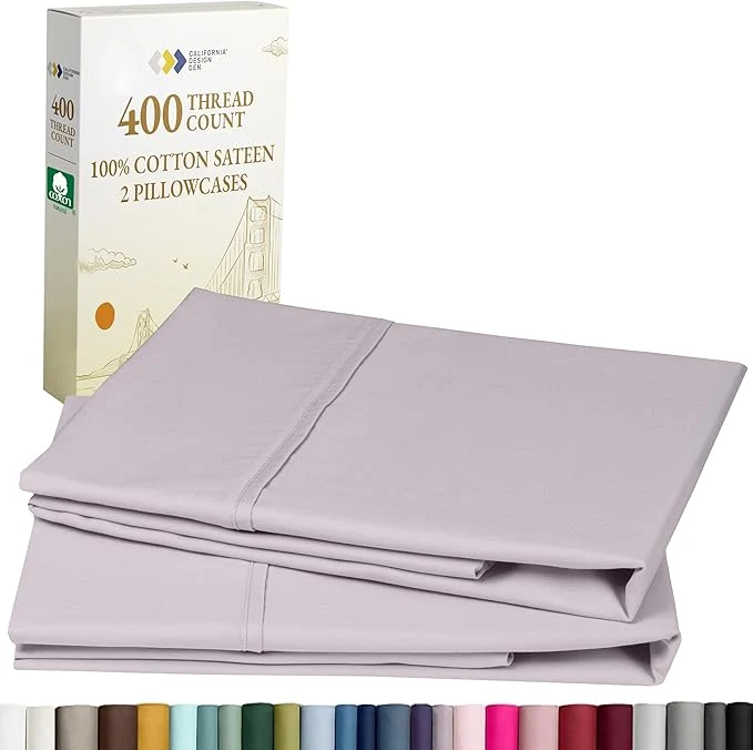 Green California Design Den Standard Queen Size Pillowcase Set – 400 Thread Count Cotton Sateen Set of 2 Pillow Covers Soft and Breathable – Dusky Lavender Grey World-Class