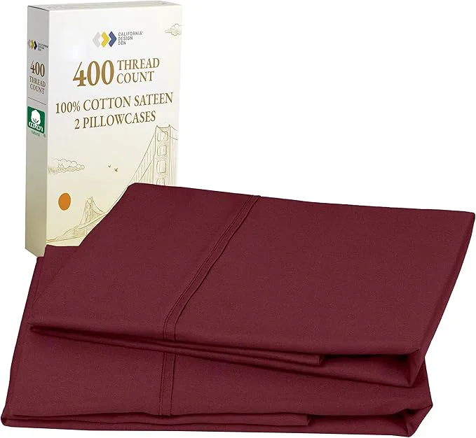 Professional California Design Den King Size Pillowcase Set – 400 Thread Count Cotton Sateen Set of 2 Pillow Covers Soft and Breathable – Burgundy Red Classic