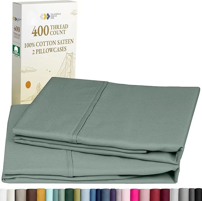 Long-Lasting California Design Den King Size Pillowcase Set – 400 Thread Count Cotton Sateen Set of 2 Pillow Covers Soft and Breathable – Sage Green Exceptional