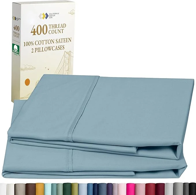 Original California Design Den King Size Pillowcase Set – 400 Thread Count Cotton Sateen Set of 2 Pillow Covers Soft and Breathable – Sky Blue Artisan