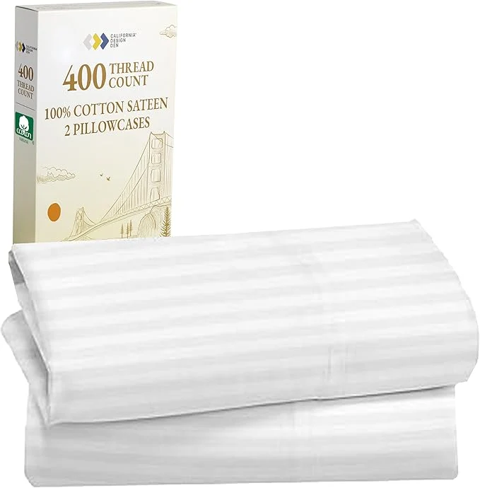 Convenient California Design Den Standard Queen Size Pillowcase Set – 400 Thread Count Cotton Sateen Set of 2 Pillow Covers Soft and Breathable – Striped Bright White Carefully Designed