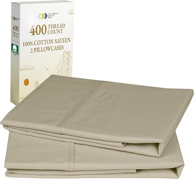 Natural California Design Den Cotton King Pillowcase Set – 400 Thread Count Cotton Pillowcases Set of 2 Pillow Covers Soft and Breathable – Beige Golden Tone Crafted