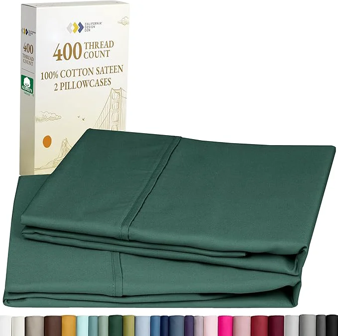 Durable California Design Den Standard Queen Size Pillowcase Set – 400 Thread Count Cotton Sateen Set of 2 Pillow Covers Soft and Breathable – Hunter Green Original Design