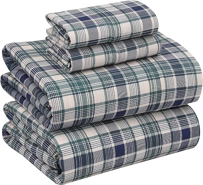 Sustainable RUVANTI Cotton Sheets – California King Percale Bedding Cooling amp Breathable Floral Design Durable with a Crisp Soft amp Comfortable Feel 14 quot Deep Pocket 4-Piece Set Greenish Blue Plaid Pure