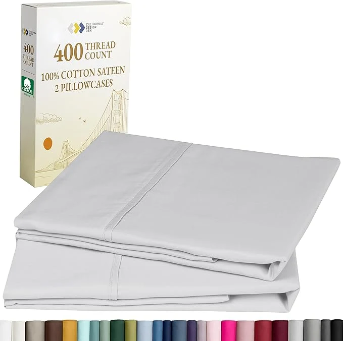 Professional California Design Den King Pillow Cases Set of 2 Cotton – 400 Thread Count Sateen Natural Cotton King Pillowcases Soft Roomy and Breathable – Silver Verified