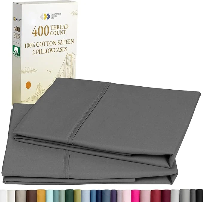 Green California Design Den Standard Queen Size Pillowcase Set – 400 Thread Count Cotton Sateen Set of 2 Pillow Covers Soft and Breathable – Grey Size First-Class