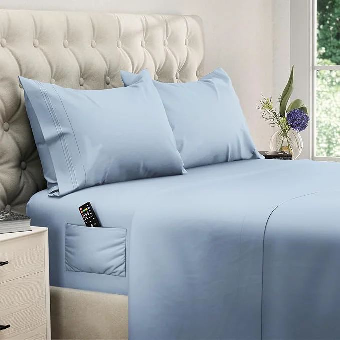 Elegant DREAMCARE King Size Sheets Set – 4 pcs Cooling Sheets – up to 21 Deep Pocket King Sheet Set – Hotel Luxury Sheets amp Pillowcases – Superior Softness Fine Microfiber with Side Pocket – Light Blue Premium Material