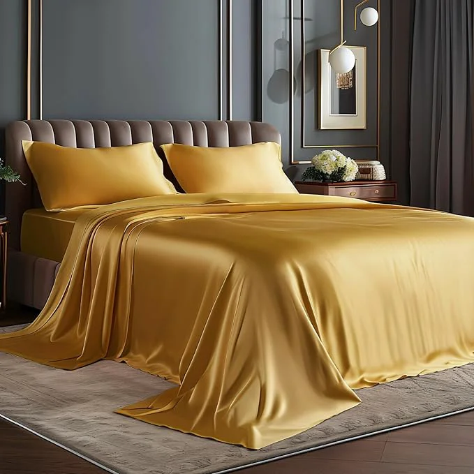 Sustainable BEDELITE Satin Sheets Twin XL Size Bed Set Luxury Soft Gold Silky Sheets for Hair and Skin Similar to Silk Bed Sheets Set 3 Pieces with 1 Deep Pocket Fitted Sheet 1 Flat Sheet and 1 Pillowcase Healthy