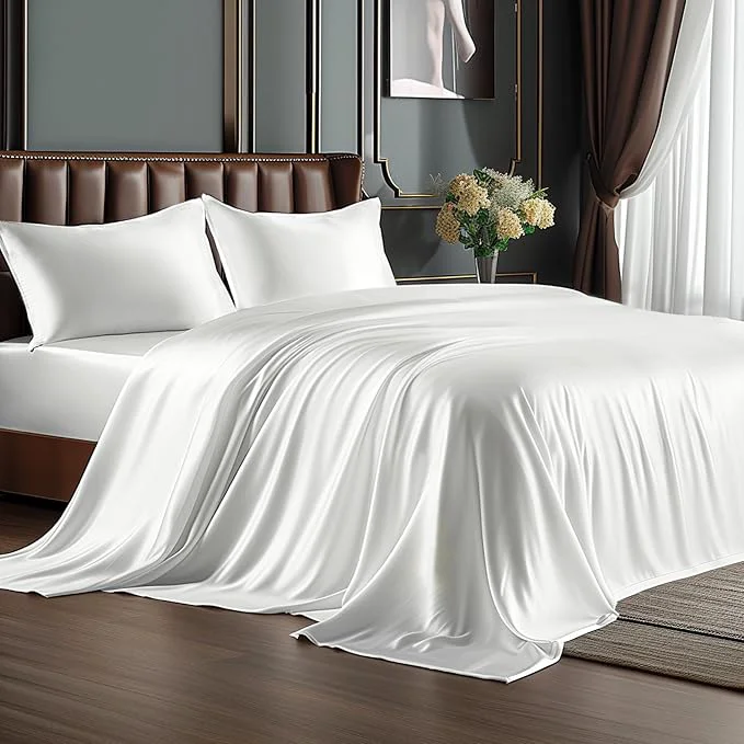 Fashionable BEDELITE Satin Sheets Full Size Bed Set Luxury Soft White Silky Sheet for Hair and Skin Similar to Silk Bed Sheets Set 4 Pieces with 1 Deep Pocket Fitted Sheet 1 Flat Sheet and 2 Pillowcases Comfortable