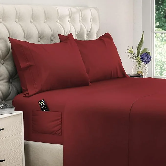 Advanced DREAMCARE Full Size Cooling Sheets – 4pcs Set – Soft amp Long Lasting Fine Brushed Polyester with Side Pocket – Burgundy Prestigious