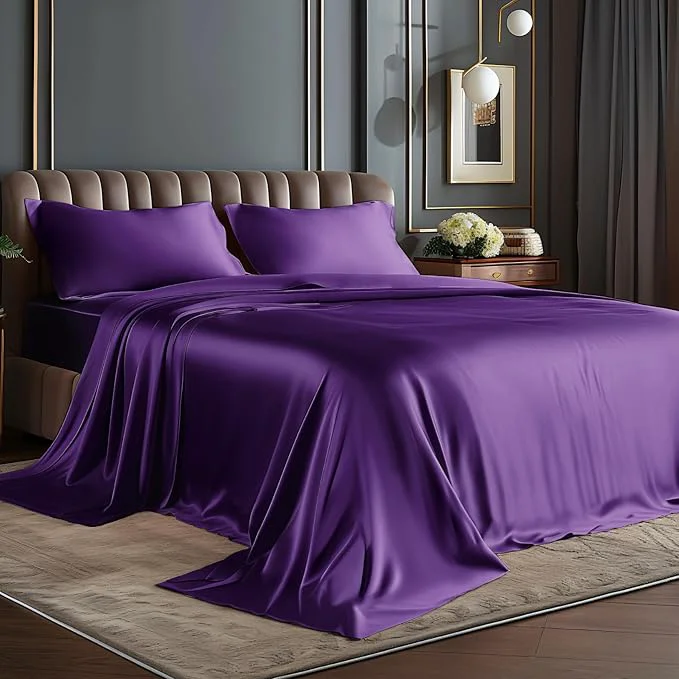 Selected BEDELITE Satin Sheets Queen Size Bed Set Luxury Soft Plum Purple Sheets for Hair and Skin Similar to Silk Bed Sheets Set 4 Pieces with 1 Deep Pocket Fitted Sheet 1 Flat Sheet and 2 Pillowcases Consistent