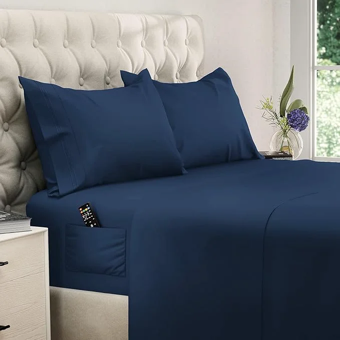 Fashionable DREAMCARE Queen Sheet Set – 4 pcs Cooling Sheets – up to 21 Extra Deep Pocket Queen Sheets – Hotel Luxury Sheets amp Pillowcases – Superior Softness Fine Microfiber with Side Pocket – Navy Modern