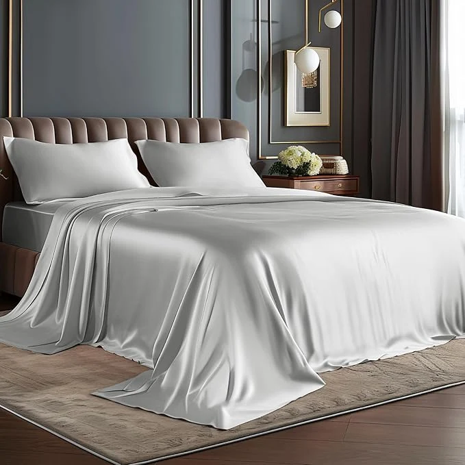 Recyclable BEDELITE Satin Sheets Full Size Bed Set Luxury Soft Grey Silky Sheets for Hair and Skin Similar to Silk Bed Sheets Set 4 Pieces with 1 Deep Pocket Fitted Sheet 1 Flat Sheet and 2 Pillowcases Minimalist
