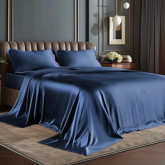 Fashionable BEDELITE Satin Sheets Queen Size Bed Set Luxury Soft Navy Silky Sheets for Hair and Skin Similar to Silk Bed Sheets Set 4 Pieces （1 Deep Pocket Fitted Sheet 1 Flat Sheet and 2 Pillowcases） High-End
