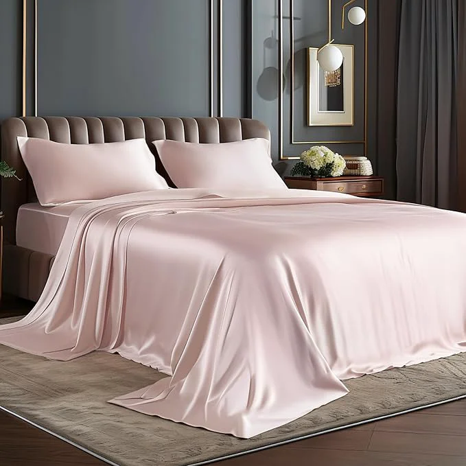 Lightweight BEDELITE King Size Sheets Set Luxury Soft Pink Satin Sheets for Hair and Skin Similar to Silk Bed Sheets Set 4 Pieces with 1 Deep Pocket Fitted Sheet 1 Flat Sheet and 2 Pillowcases Exceptional