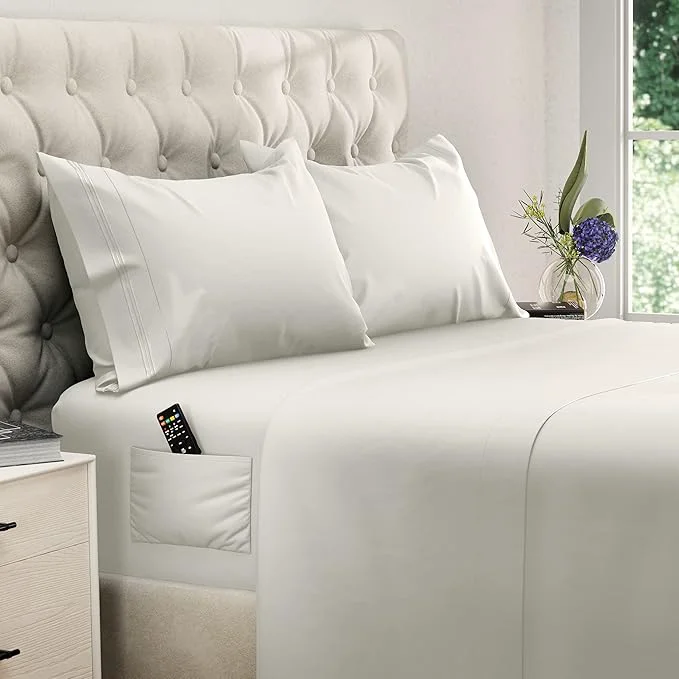 Refined DREAMCARE King Size Sheets Set – Cooling Bed Sheets – 4pcs Set – up to 15 quot Deep Pocket King Sheet Set – Soft amp Long Lasting Cooling – Fine Brushed Polyester with Side Pocket – Ivory User-Friendly