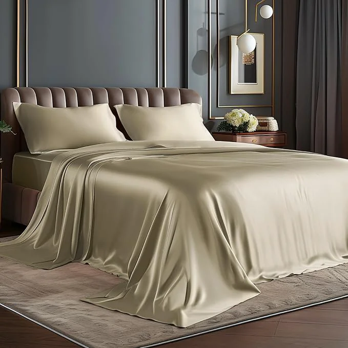 Long-Lasting BEDELITE Satin Sheets Full Size Bed Set Luxury Soft Taupe Silky Sheets for Hair and Skin Similar to Silk Bed Sheets Set 4 Pieces with 1 Deep Pocket Fitted Sheet 1 Flat Sheet and 2 Pillowcases Refined