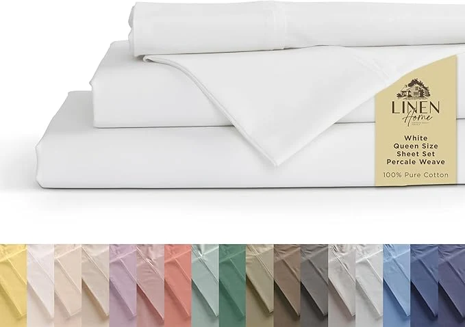 Sustainable Linen Home Cotton Percale Sheets Queen Size White Deep Pocket 4 Pieces Set – 1 Flat 1 Deep Pocket Fitted Sheet and 2 Pillowcases Crisp Cool and Strong Bed Linen Certified