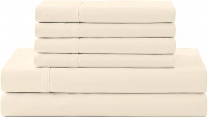 Quality Linen Home Cotton Percale Sheet Set Queen Size Ivory Deep Pocket 6 Pieces Set – 1 Flat 1 Deep Pocket Fitted Sheet and 4 Pillowcases Crisp Cool and Strong Bed Linen Professional
