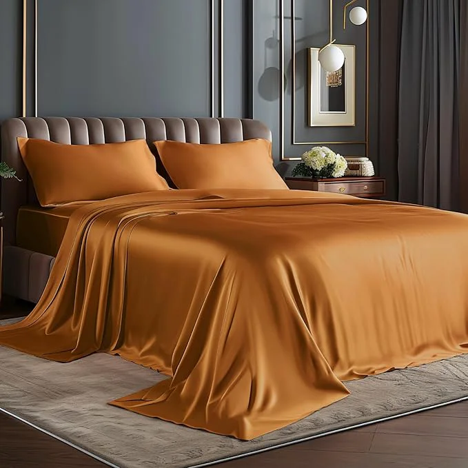 Detailed BEDELITE Satin Sheets Full Size Bed Set Luxury Soft Burnt Orange Silky Sheets for Hair and Skin Similar to Silk Bed Sheets Set 4 Pieces with 1 Deep Pocket Fitted Sheet 1 Flat Sheet 2 Pillowcases Eco-Friendly