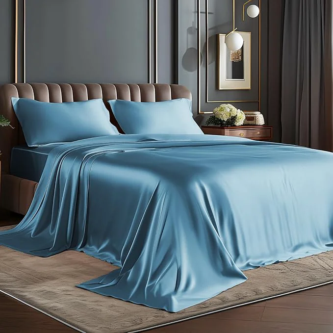 Contemporary BEDELITE Satin Sheets Queen Size Bed Set Luxury Soft Airy Blue Silky Sheets for Hair and Skin Similar to Silk Bed Sheets Set 4 Pieces with 1 Deep Pocket Fitted Sheet 1 Flat Sheet and 2 Pillowcases Elite