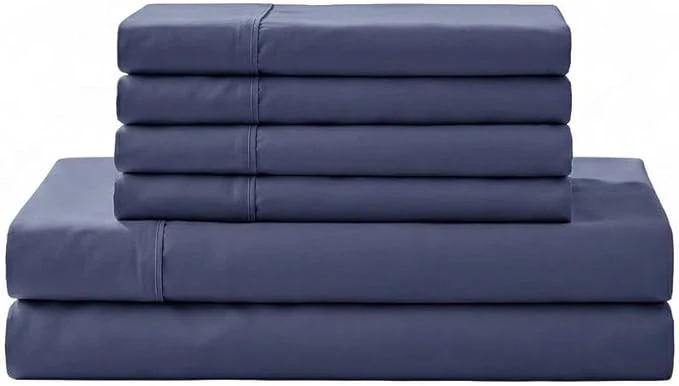 Smooth Linen Home Cotton Percale Sheet Set Full Size Dark Blue Deep Pocket 6 Pieces Set – 1 Flat 1 Deep Pocket Fitted Sheet and 4 Pillowcases Crisp Cool and Strong Bed Linen Premium