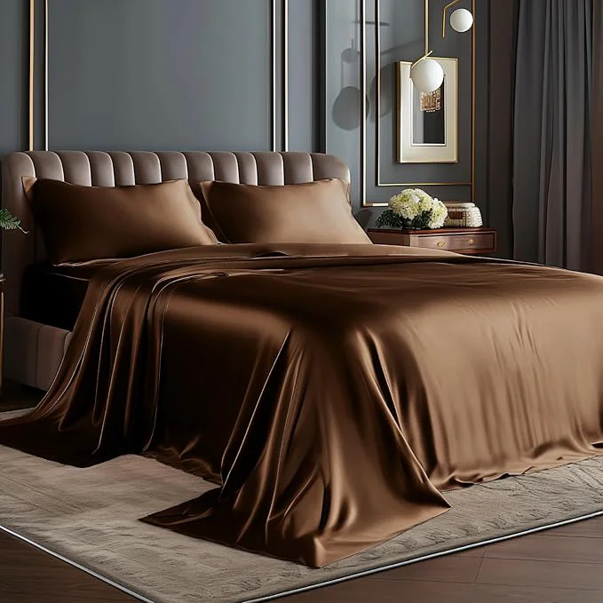 Minimalist BEDELITE Satin Sheets Twin Size Bed Set Luxury Soft Brown Silky Sheets for Hair and Skin Similar to Silk Bed Sheets Set 3 Pieces with 1 Deep Pocket Fitted Sheet 1 Flat Sheet and 1 Pillowcase Clean