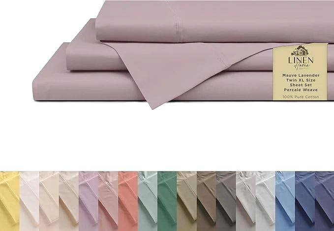 Outstanding Linen Home Cotton Percale Sheets Twin XL Size Mauve Lavender Deep Pocket 3 Pieces Set – 1 Flat 1 Deep Pocket Fitted Sheet and 1 Pillowcase Crisp Cool and Strong Bed Linen Casual