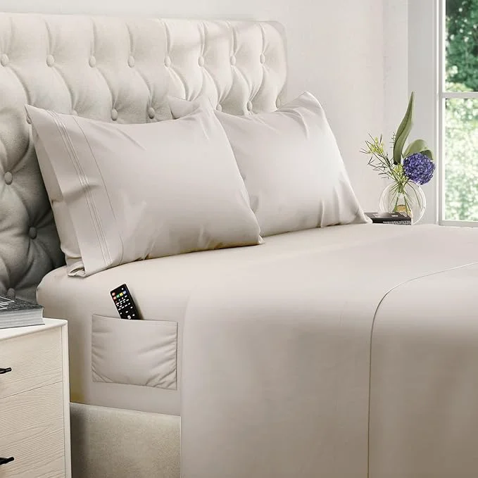 Modern DREAMCARE King Size Sheets Set – 4 pcs Cooling Sheets – up to 21 Deep Pocket King Sheet Set – Hotel Luxury Sheets amp Pillowcases – Superior Softness Microfiber with Side Pocket – Beige Responsible