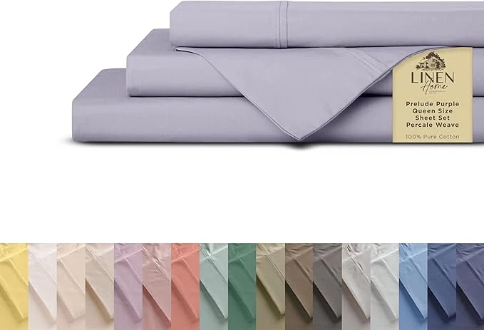 Excellent Linen Home Queen Percale Sheets Cotton 4-Piece Set Deep Pocket Fits 16 quot Mattress Crisp Cool Breathable Bed Sheet Set 1 Flat 1 Fitted 2 Pillowcases Prelude Purple Casual