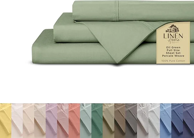 Detailed Linen Home Cotton Percale Sheets Full Size Oil Green – Crisp amp Cool Breathable Long-Staple Combed Cotton 16 quot Deep Pocket 4 Pieces 1 Flat 1 Fitted Sheet amp 2 Pillowcases Responsible