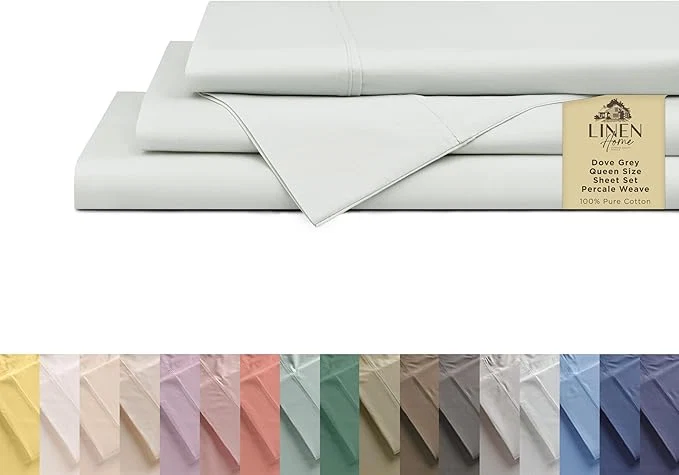 Professional Linen Home Cotton Percale Sheets Queen Size Dove Grey Deep Pocket 4 Pieces Set – 1 Flat 1 Deep Pocket Fitted Sheet and 2 Pillowcases Crisp Cool and Strong Bed Linen Official