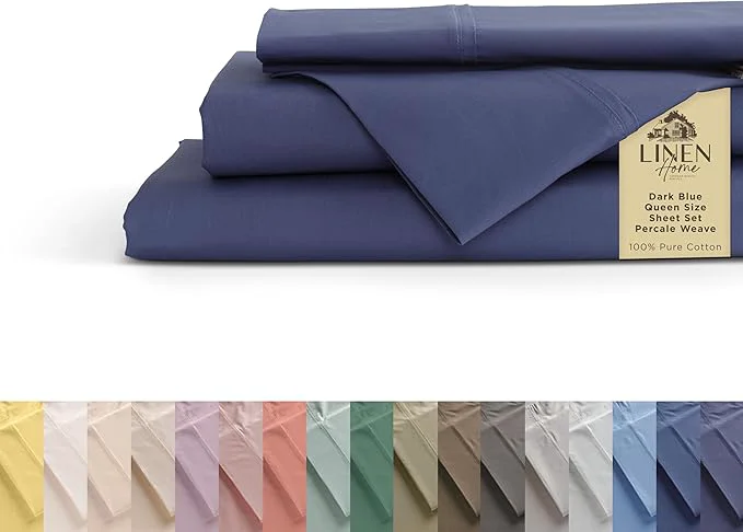 Original Linen Home Cotton Percale Sheets Queen Size Dark Blue Deep Pocket 4 Pieces Set – 1 Flat 1 Deep Pocket Fitted Sheet and 2 Pillowcases Crisp Cool and Strong Bed Linen Outstanding