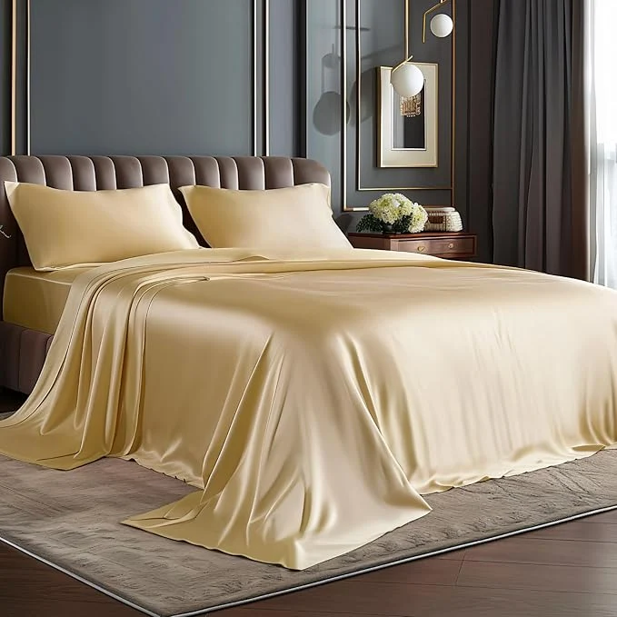 Lightweight BEDELITE California King Sheets Set Luxury Soft Champagne Satin Sheets for Hair and Skin Similar to Silk Bed Sheets Set 4 Pieces with 1 Deep Pocket Fitted Sheet 1 Flat Sheet and 2 Pillowcases Professional