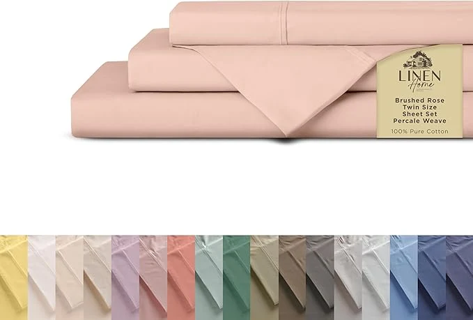Sophisticated Linen Home Cotton Percale Sheets Twin Size Brushed Rose Deep Pocket 3 Pieces Set – 1 Flat 1 Deep Pocket Fitted Sheet and 1 Pillowcase Crisp Cool and Strong Bed Linen Functional
