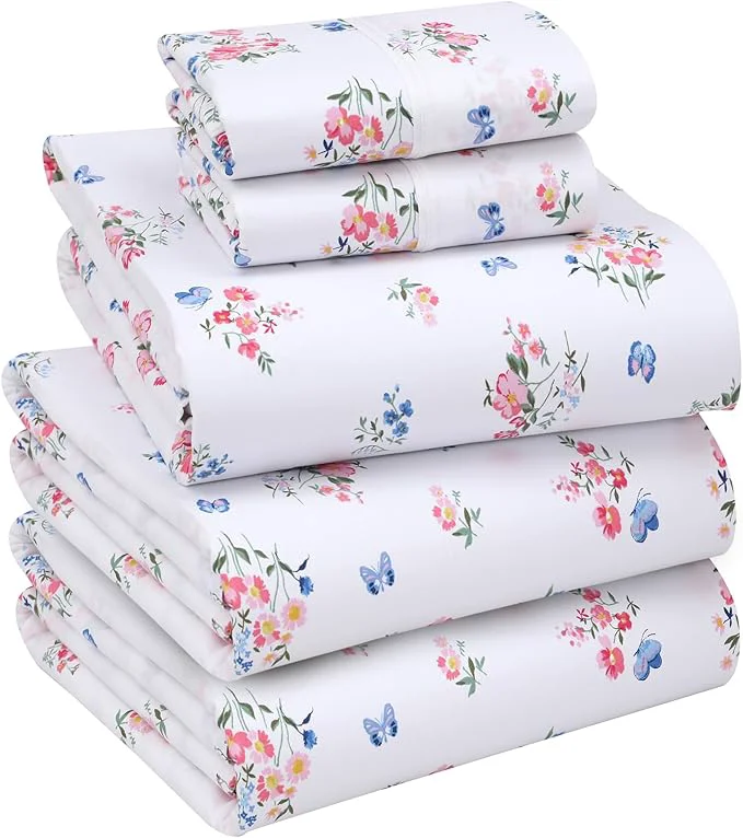Genuine RUVANTI Cotton Sheets – Split King Size Percale Bedding Cooling amp Breathable Floral Design Durable with a Crisp Soft amp Comfortable Feel 16 quot Deep Pocket 5-Piece Set Funa Flora Convenient