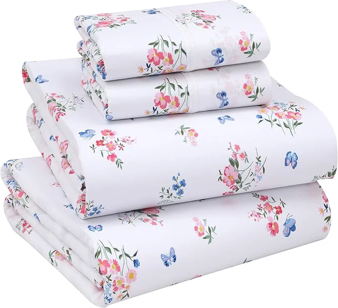 Superior RUVANTI Cotton Sheets – Queen Size Percale Bedding Cooling amp Breathable Floral Design Durable with a Crisp Soft amp Comfortable Feel 16 quot Deep Pocket 4-Piece Set Funa Flora Unique