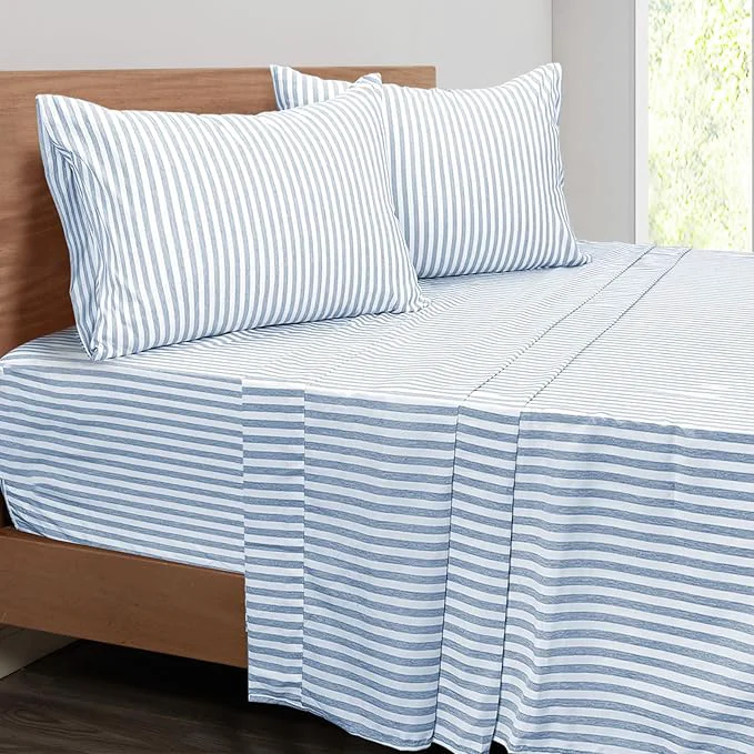 Elegant Mejoroom Striped Queen Size Sheet Set – Hotel Luxury 1800 Bedding Sheets amp Pillowcases – Deep Pocket Fitted Sheet Soft Breathable Wrinkle amp Fade Resistant – 4 Piece Blue Stripe Natural