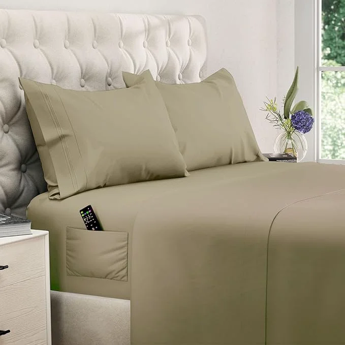Pure DREAMCARE Queen Size Sheets – Cooling Bed Sheets – 4pcs Set – up to 15 quot Deep Pocket Queen Sheet Set – Sheets Queen Size Bed – Soft amp Long Lasting Brushed Polyester with Side Pocket Eucalyptus Convenient